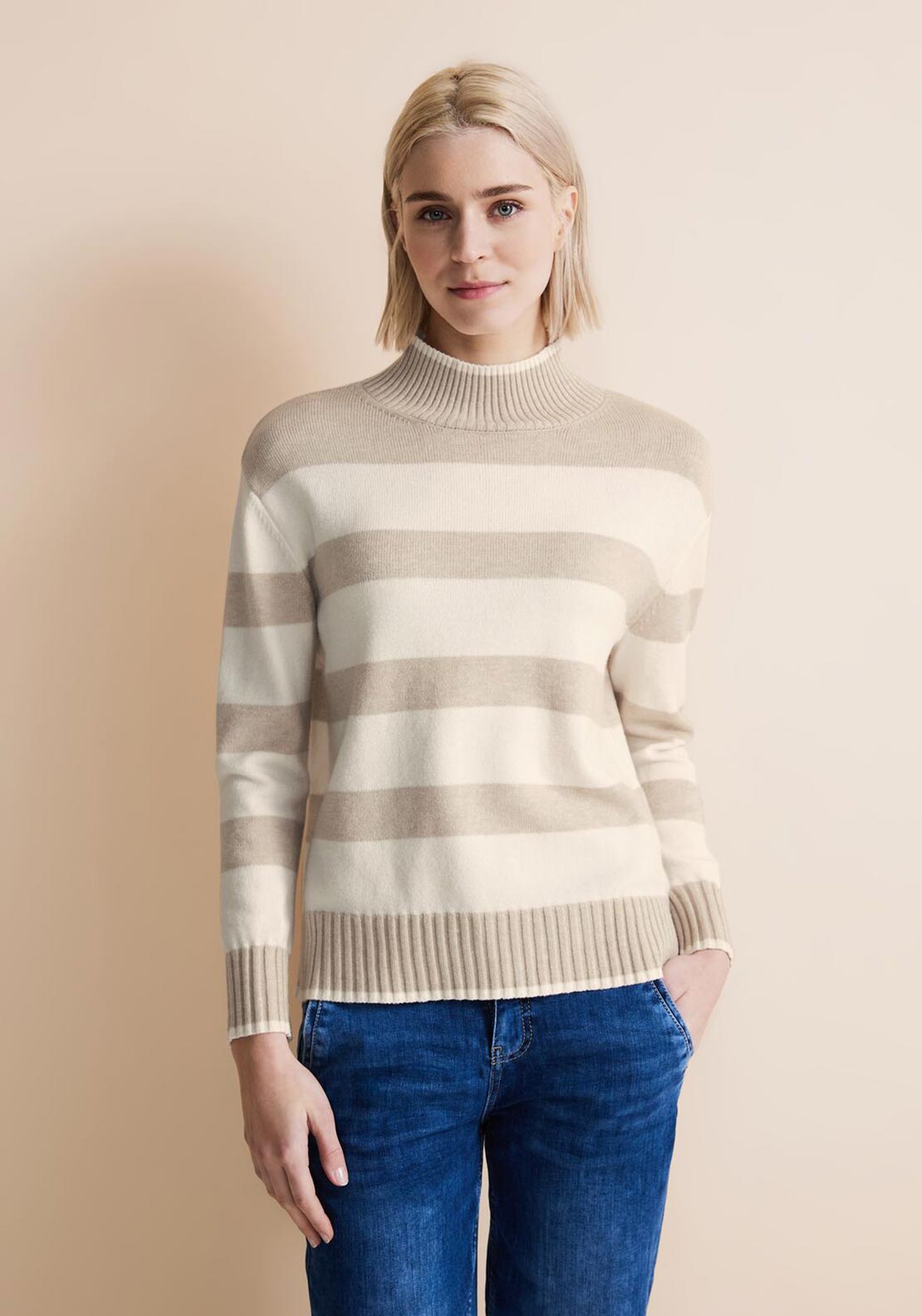 - White Lucid High McElhinneys Stripe Knit One Sweater, Street Neck