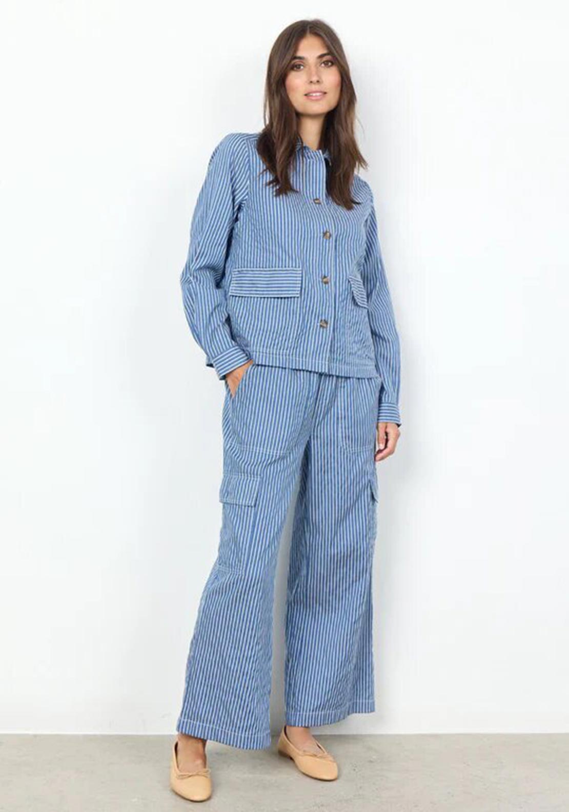 Soyaconcept Dily Pinstripe Cargo Style Trouser, Blue - McElhinneys