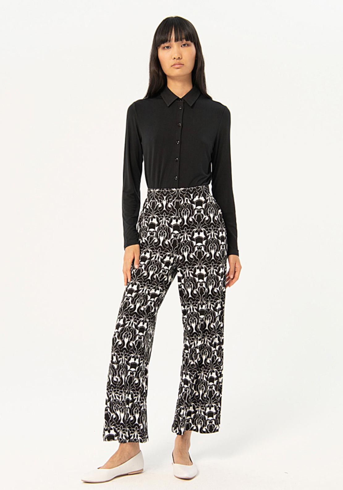 Stretch and printed long flare trousers Black women Surkana