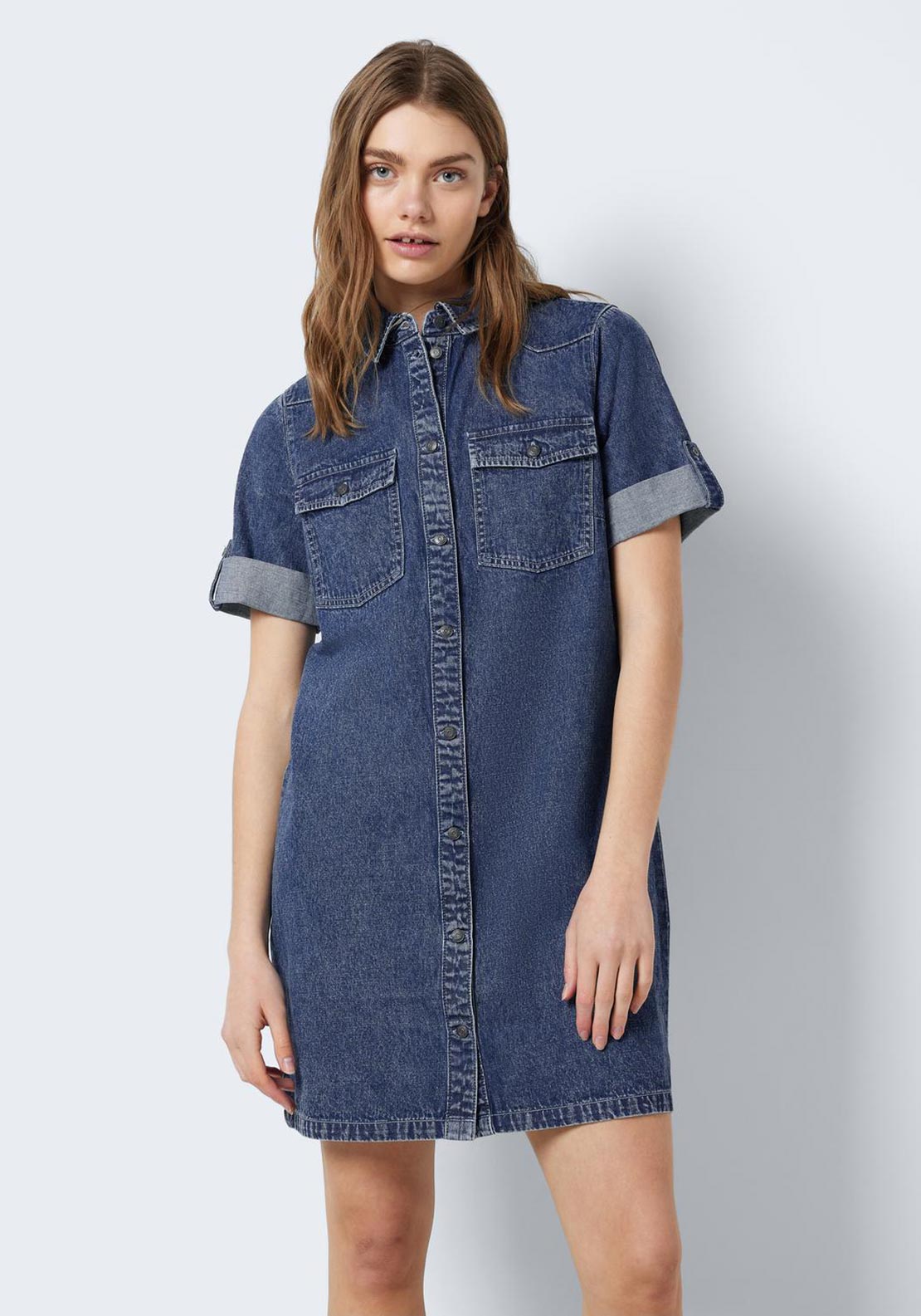 Denim Mini Dress With Zip Front In Medium Blue By Noisy May