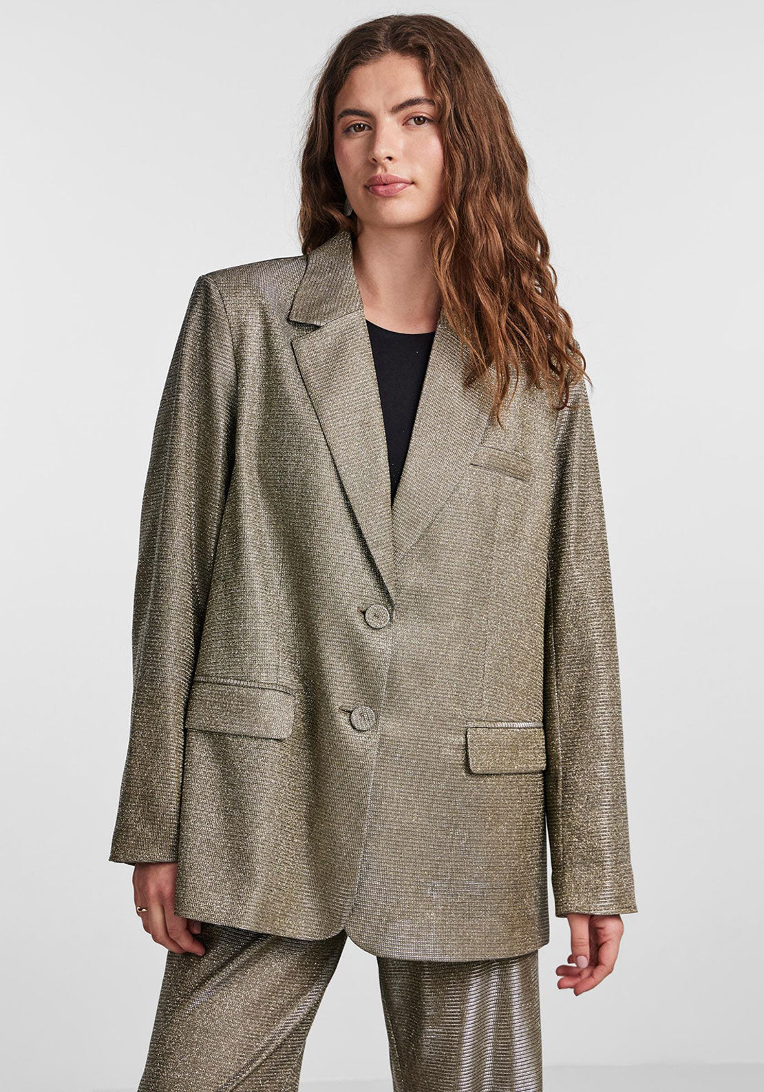 Y.A.S Styles Oversized Shimmery Metallic Blazer, Gold - McElhinneys