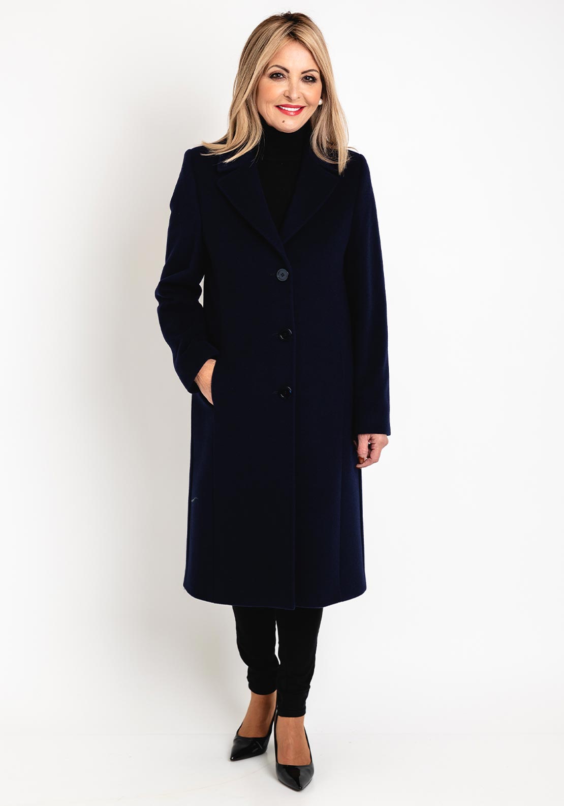 Christina Felix Classic Tailored Wool Cashmere Blend Long Coat, Navy -  McElhinneys