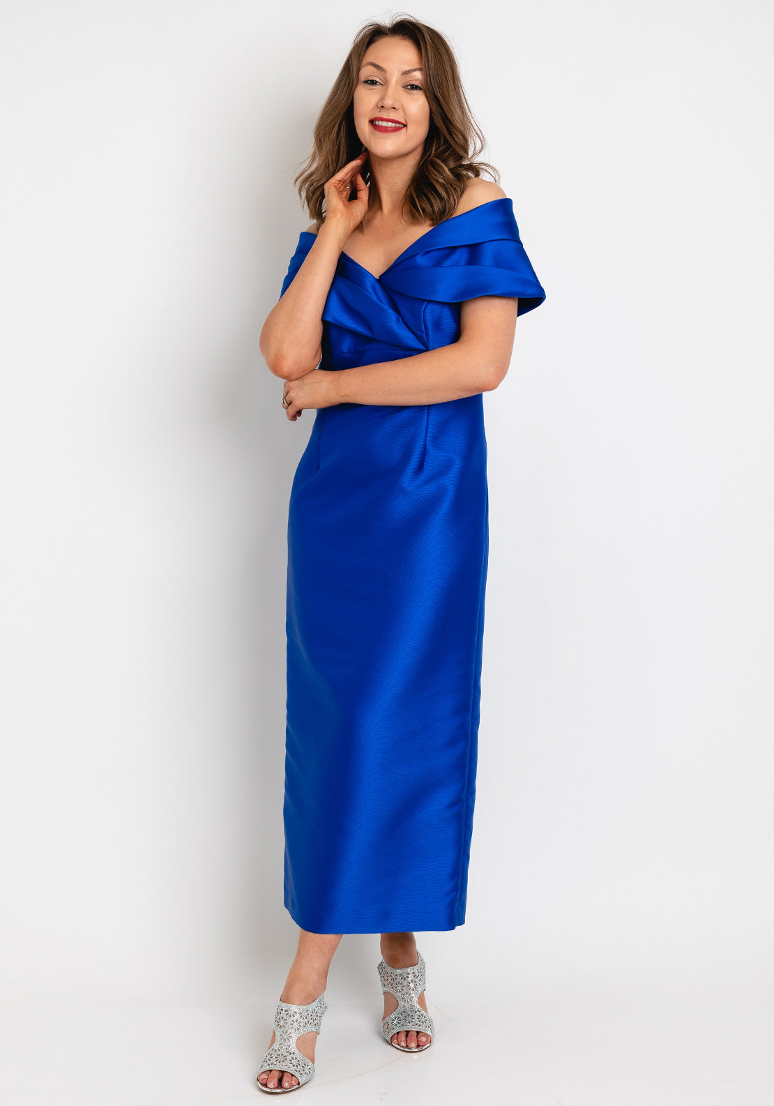 Gabriela Sanchez Off the Shoulder Pencil Midi Dress Cobalt