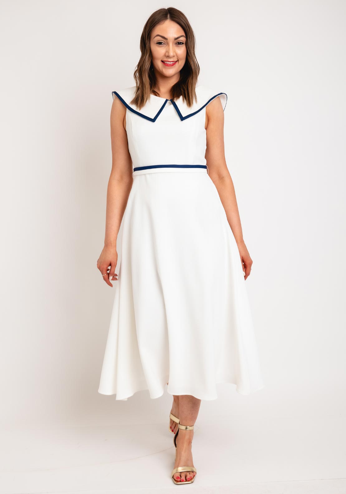 Laura Bernal Peter Pan Collar A-Line Midi Dress, White - McElhinneys