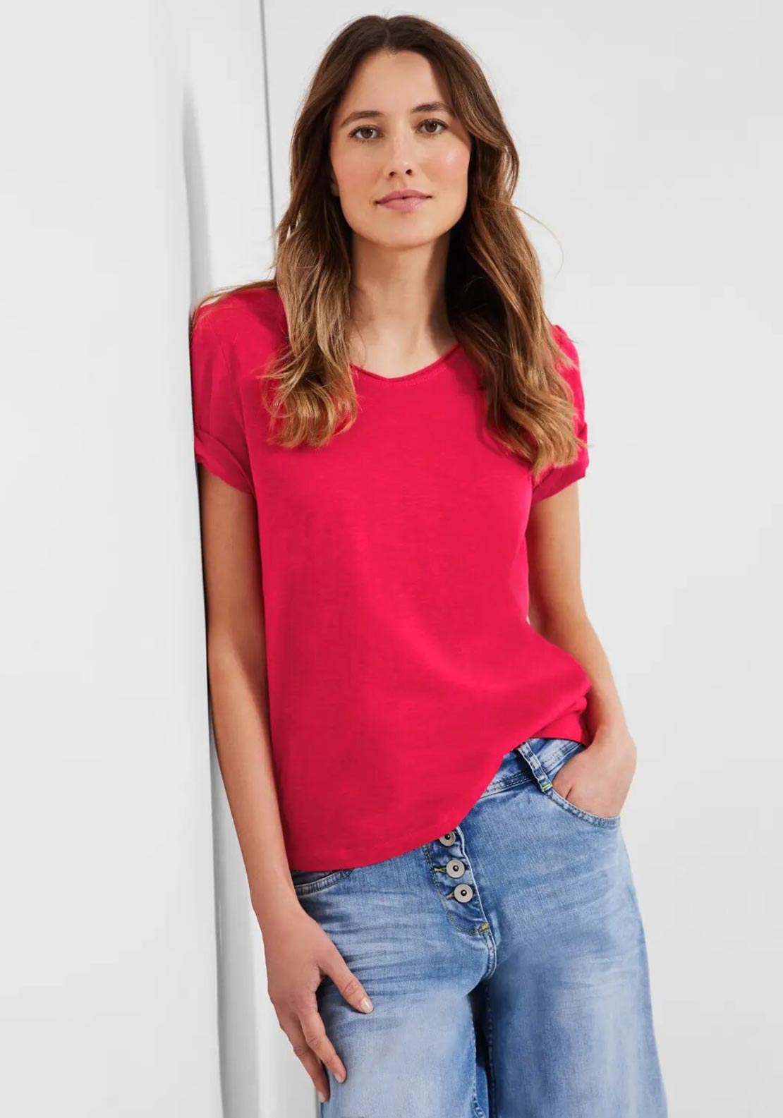 Cecil Rounded V Strawberry Neck T-Shirt, McElhinneys Red 
