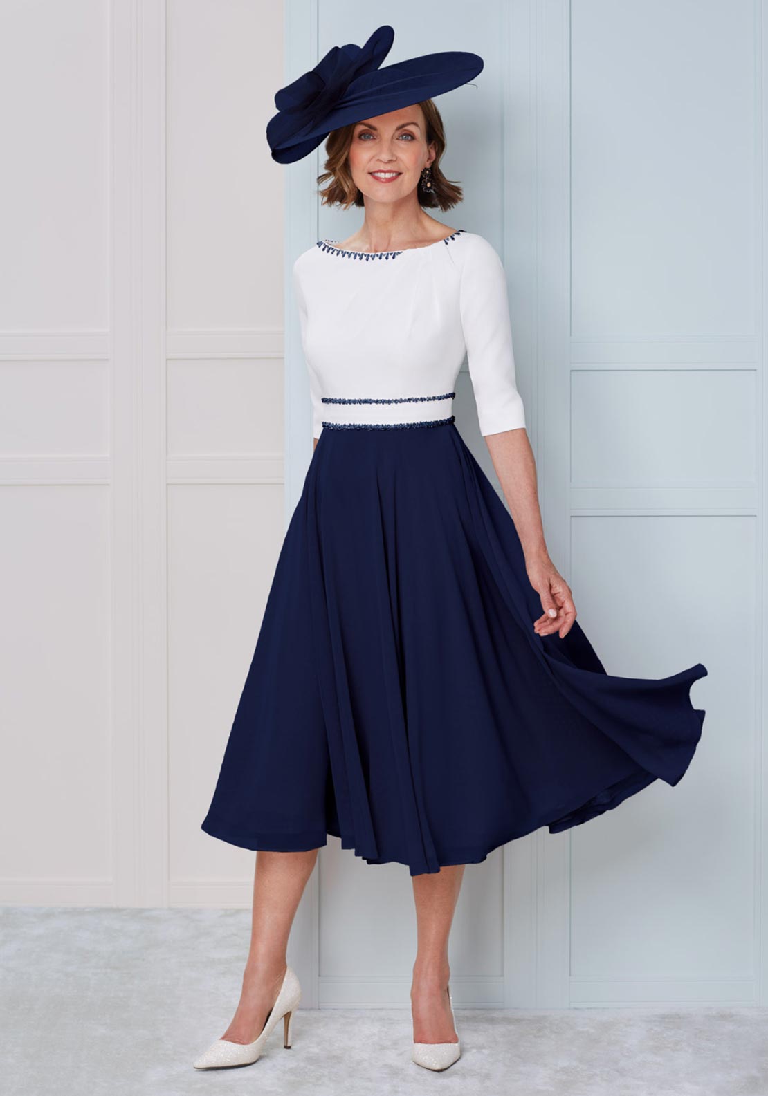 John Charles Chiffon Skirt Midi Dress Navy Ivory McElhinneys