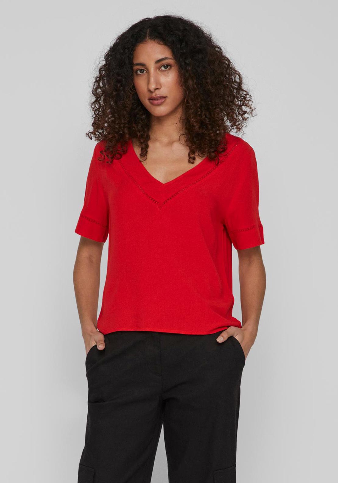 Vila Mesa V Neck Top, Flame Scarlet - McElhinneys