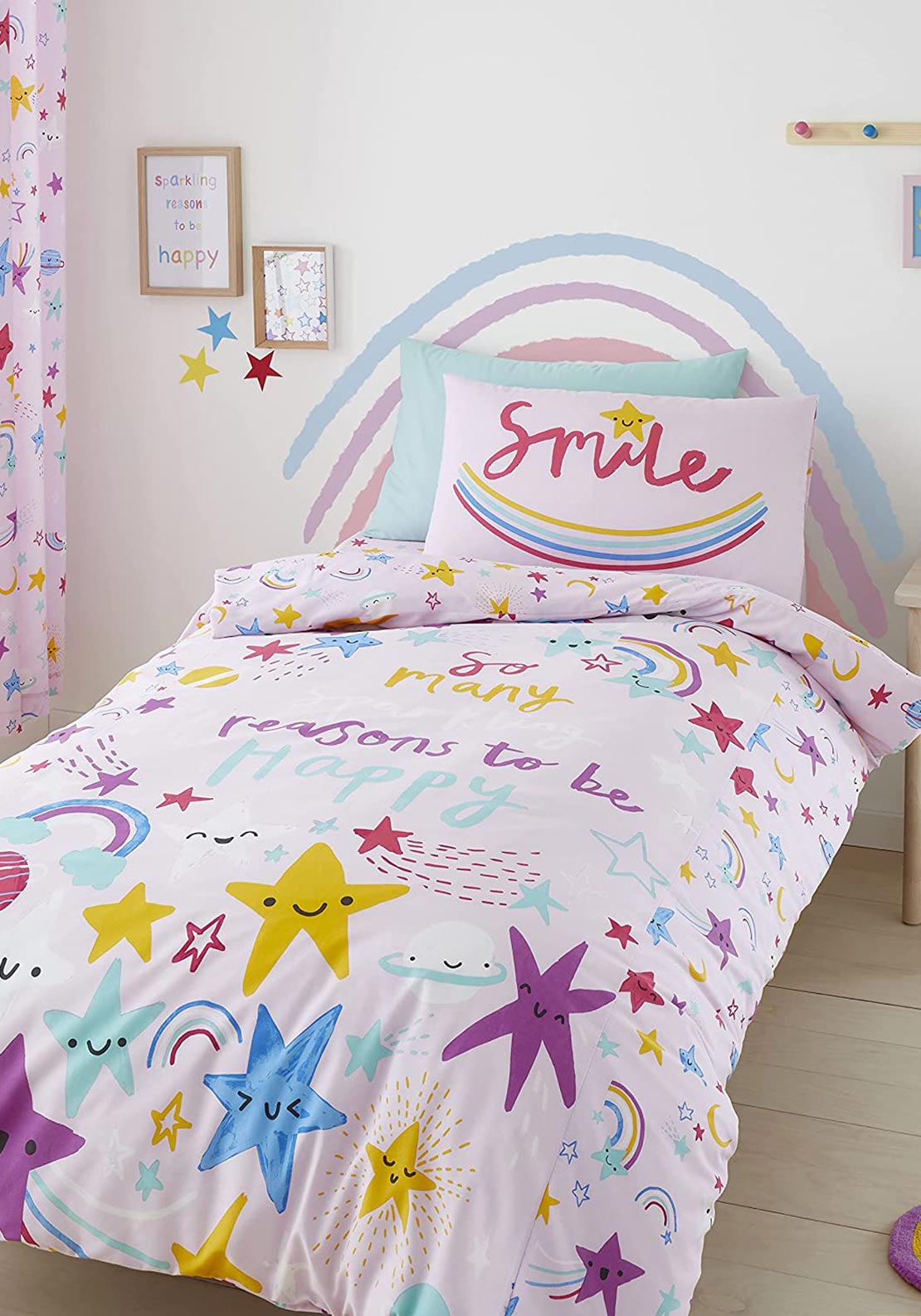 Catherine Lansfield Kids Reversible Happy Stars Duvet Set, Pink