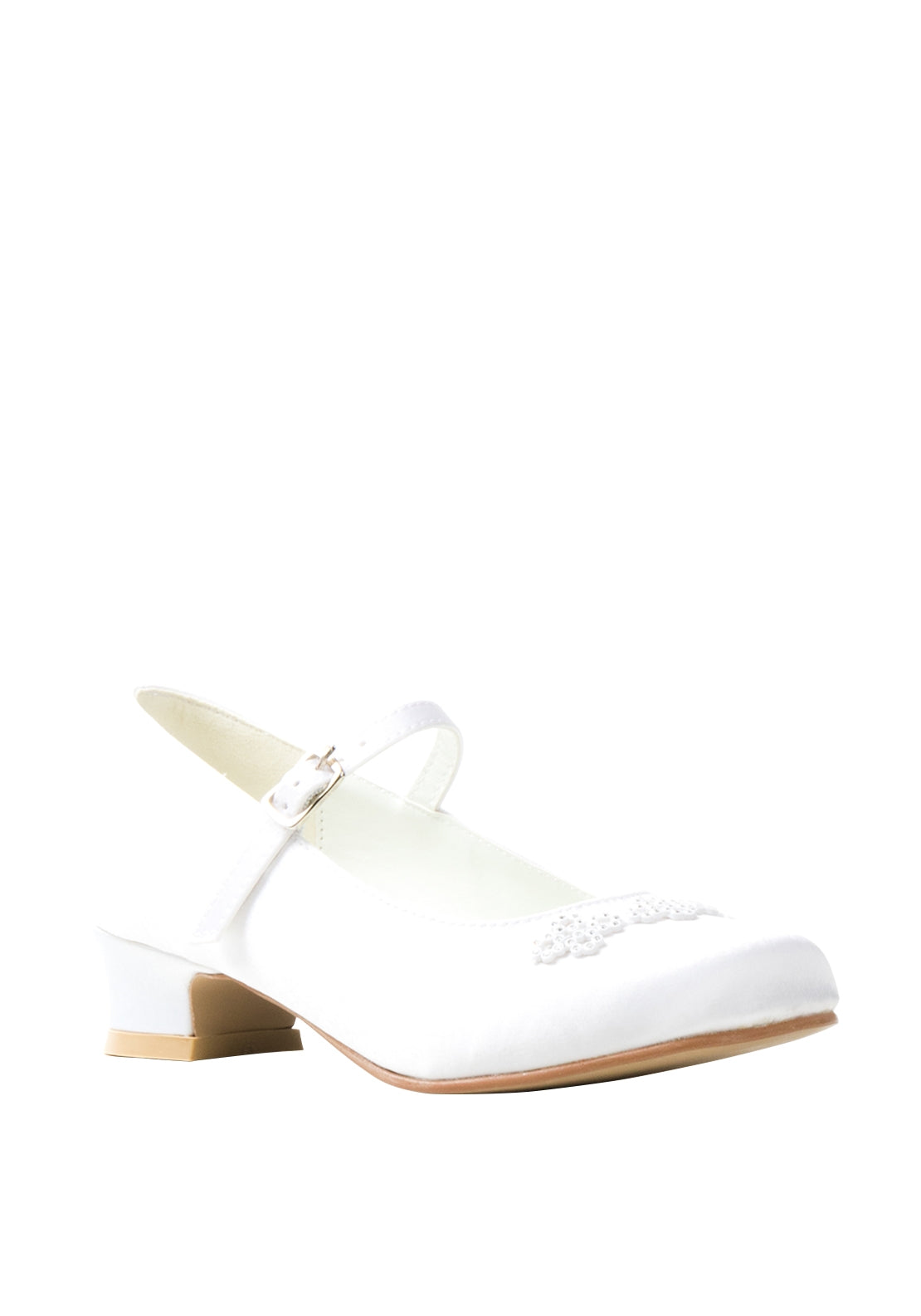 Girls White Satin Communion Shoes with Heel and Strap