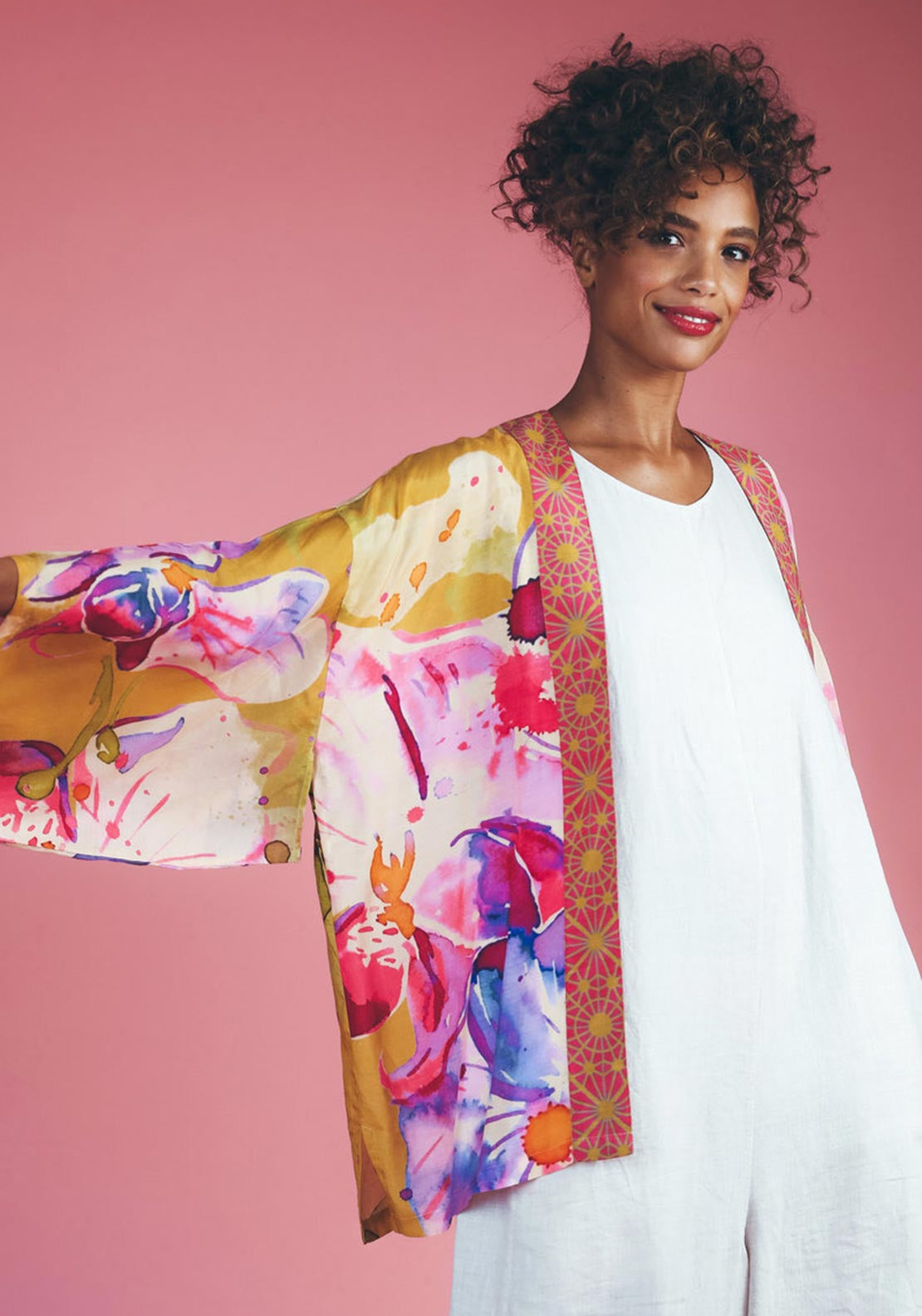 Powder Orchid Print Kimono Jacket Mustard Pink McElhinneys