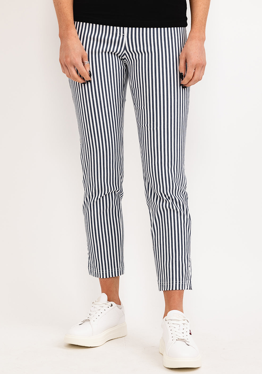 Robell Bella Pinstripe Ankle Grazer Trousers in Blue and White