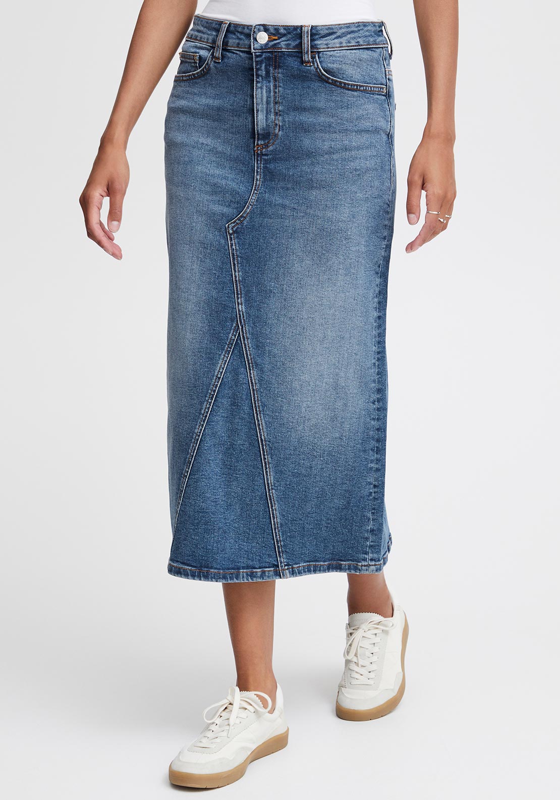 B.Young Leya Midi Denim Skirt, Medium Blue Denim - McElhinneys