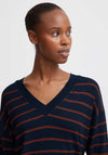 b.young Morla V Neck Striped Jumper, Navy and Brown