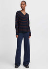 b.young Morla V Neck Striped Jumper, Navy and Brown