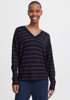 b.young Morla V Neck Striped Jumper, Navy and Brown