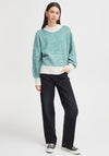 Ichi Striped Funnel Neck Jumper, Green & Beige