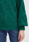 Ichi V Neck Chunky Cable Knit Jumper, Green