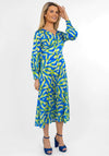 Kate & Pippa Birkin Satin Feel Print Midi Dress, Blue & Lime