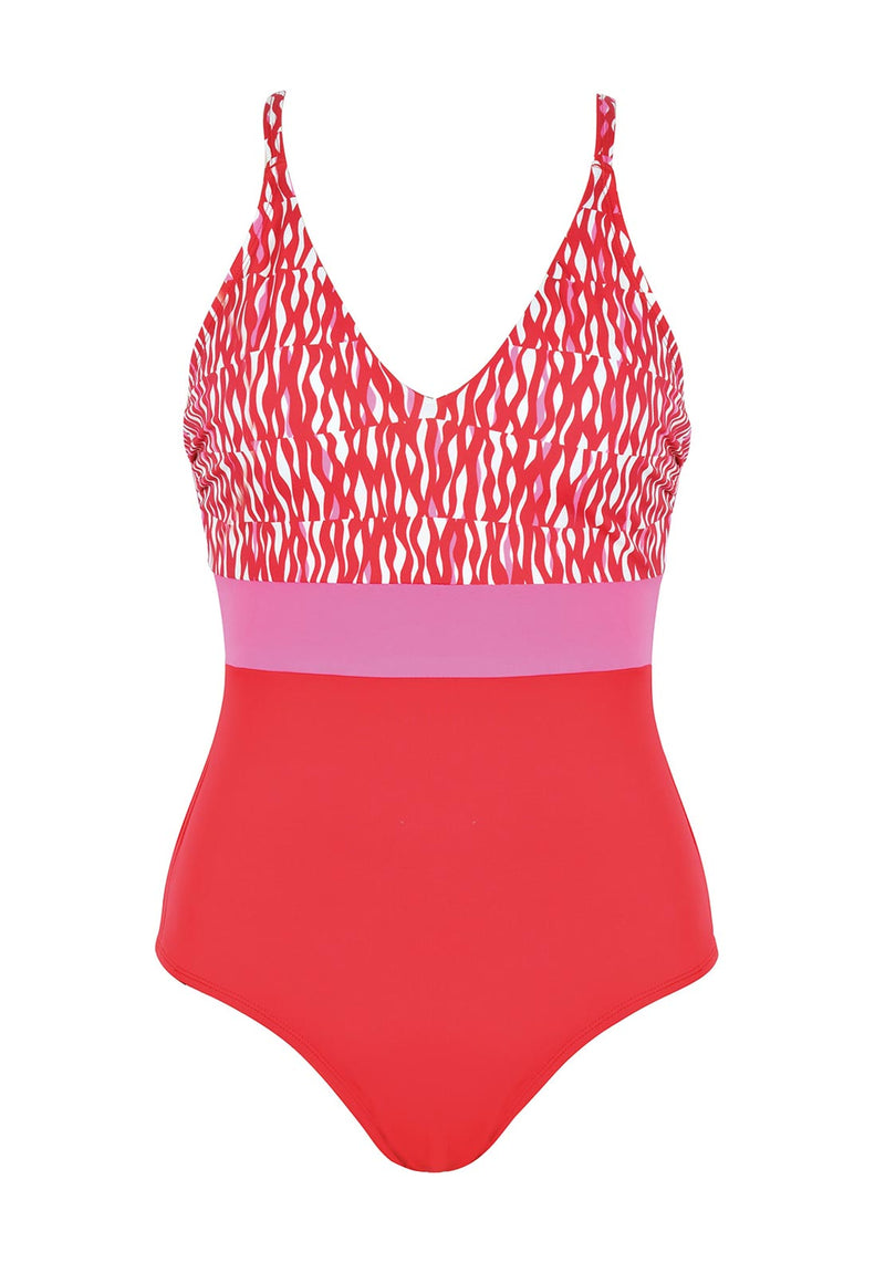 Vero Moda one shoulder colourblock swimsuit in pink and red