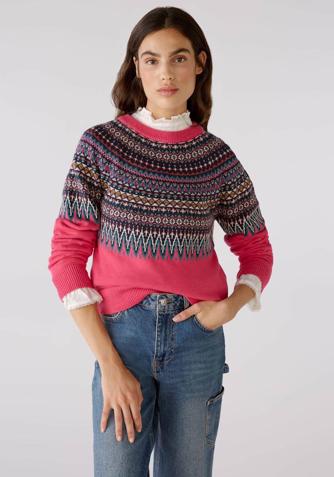 OUI Nordic Print Knit Sweater, Pink - McElhinneys