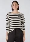 Oui Striped Crochet Flower Jumper, Black & Off White