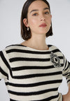 Oui Striped Crochet Flower Jumper, Black & Off White