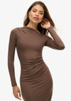 Superdry Womens Long Sleeve Ruched Midi Dress, Chocolate Brown