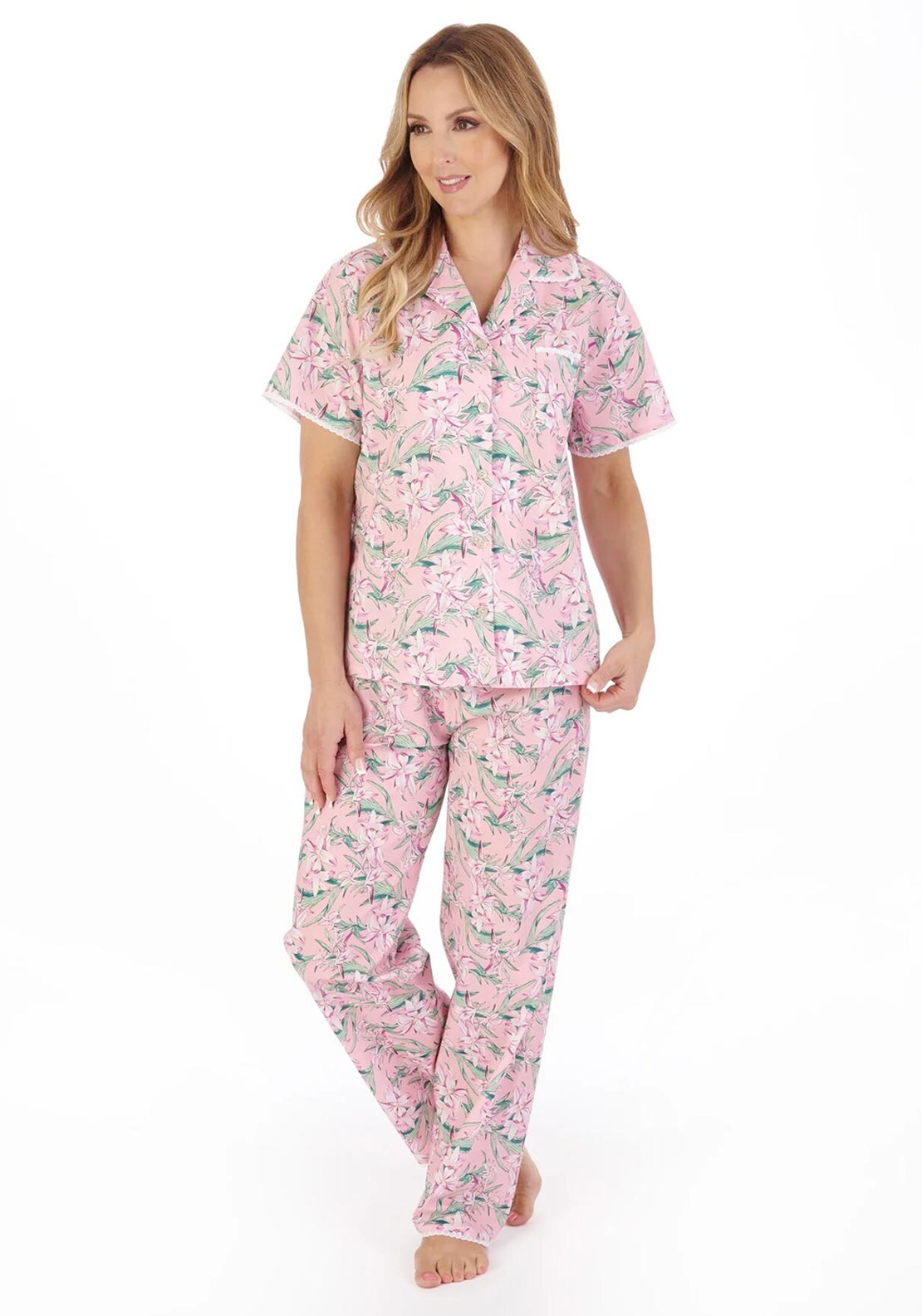 Slenderella Tropical Print Tailored Pyjama Set, Pink - McElhinneys