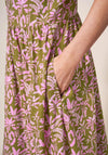 White Stuff Elisa Leaf Print Midi Dress, Green & Pink