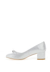 Emis Leather Shimmer Bow Block Heel Shoes, White Silver