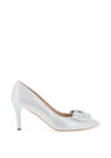 Emis Soft Leather Diamante Bow Heeled Shoes, White Silver