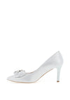 Emis Soft Leather Diamante Bow Heeled Shoes, White Silver