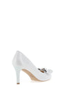 Emis Soft Leather Diamante Bow Heeled Shoes, White Silver