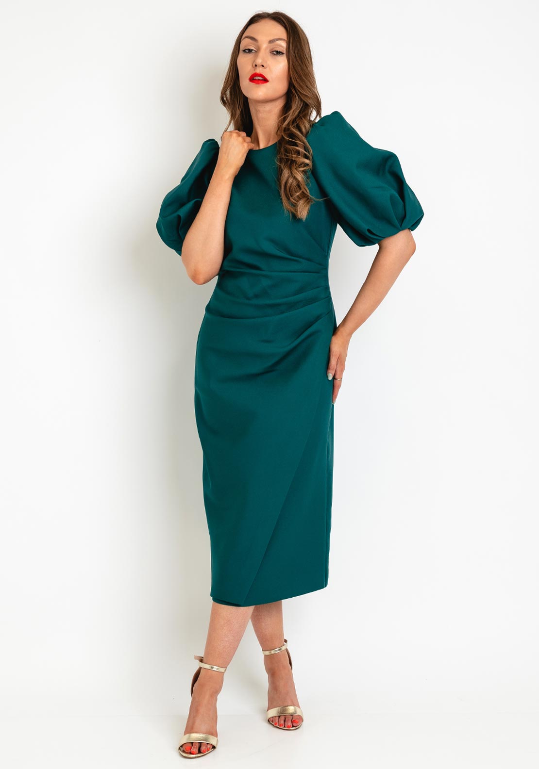 Exquise Ruched Waist Pencil Midi Dress, Forest Green - McElhinneys