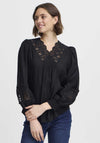 Fransa Blondie Crochet Panel V Neck Blouse, Black