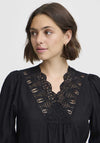 Fransa Blondie Crochet Panel V Neck Blouse, Black