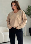 Girl in Mind Sia Pearl & Sequin V Neck Jumper, Camel