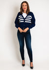 Guess Womens Embroidered Logo Striped Cardigan, Navy