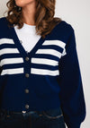 Guess Womens Embroidered Logo Striped Cardigan, Navy