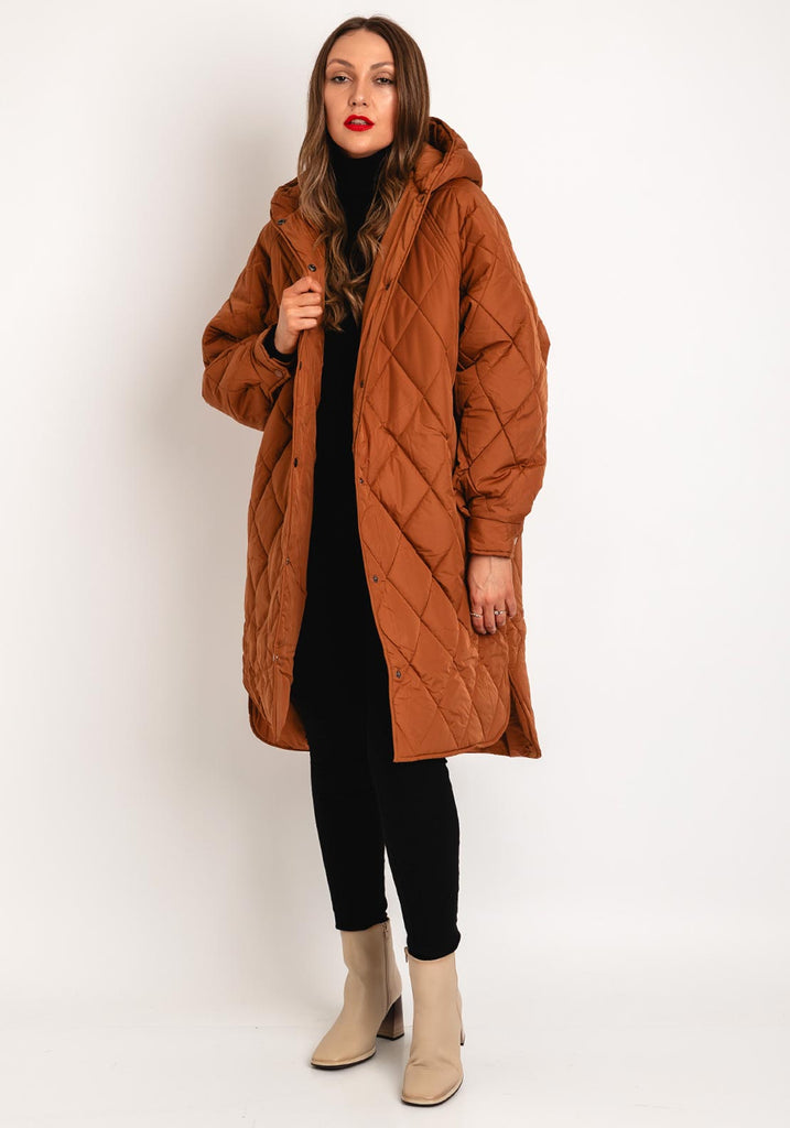 Ichi Hansa Hooded Quilted Coat Orange Rust McElhinneys