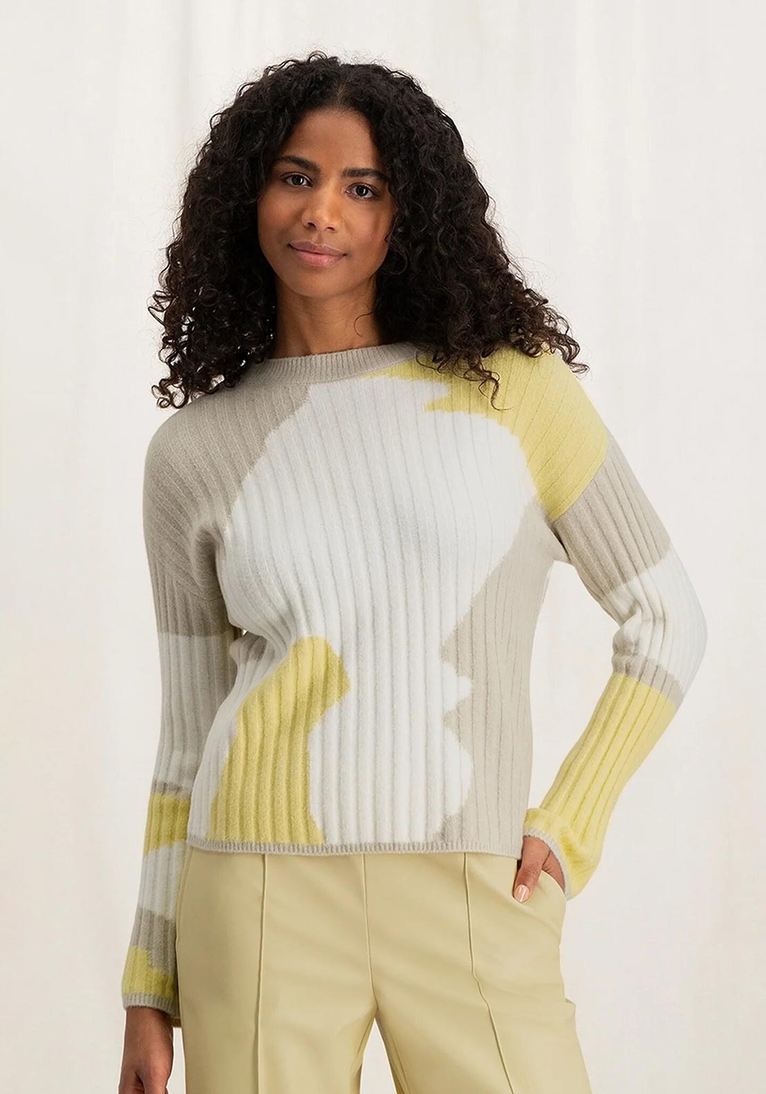 YAYA Colour Block Crew Neck Jacquard Sweater, Parsnip Yellow - McElhinneys