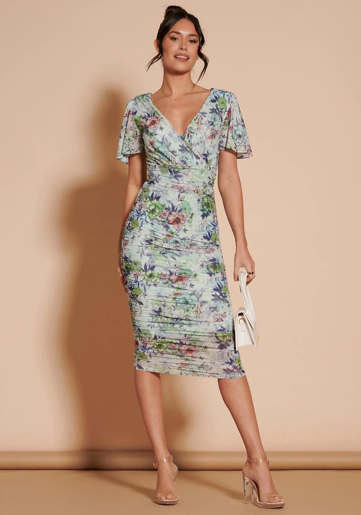 Jolie Moi Angel Sleeve Rushed Midi Dress, Green Floral - McElhinneys