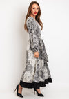 Natalia Collection One Size Patchwork Print Satin Tiered Maxi Dress, Black & White