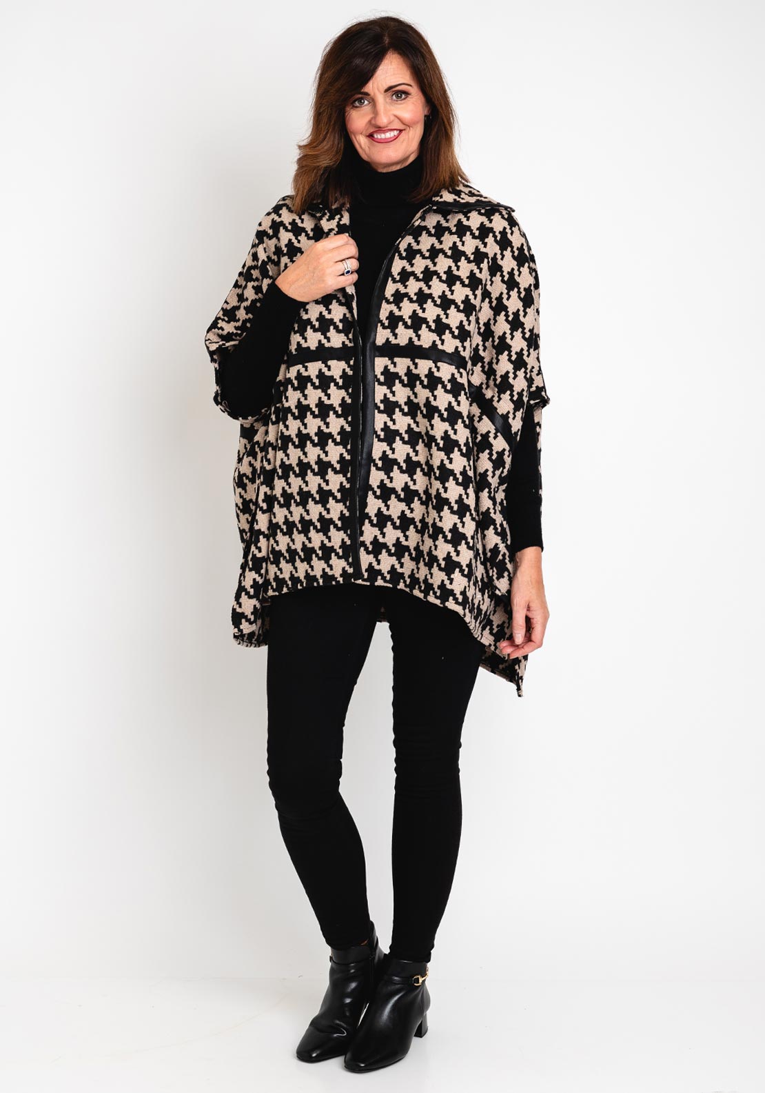 Natalia Collection One Size Houndstooth Cape Style Coat, Beige ...