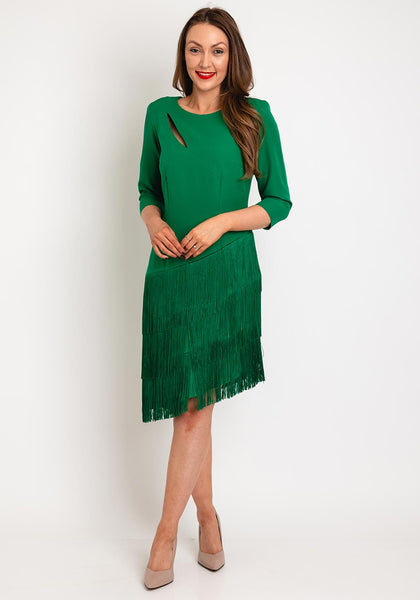 Olimara Tiered Fringe Tassel Skirt Knee Length Dress Green