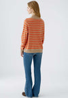 Oui Striped Knit Polo Neck Jumper, Orange and Beige