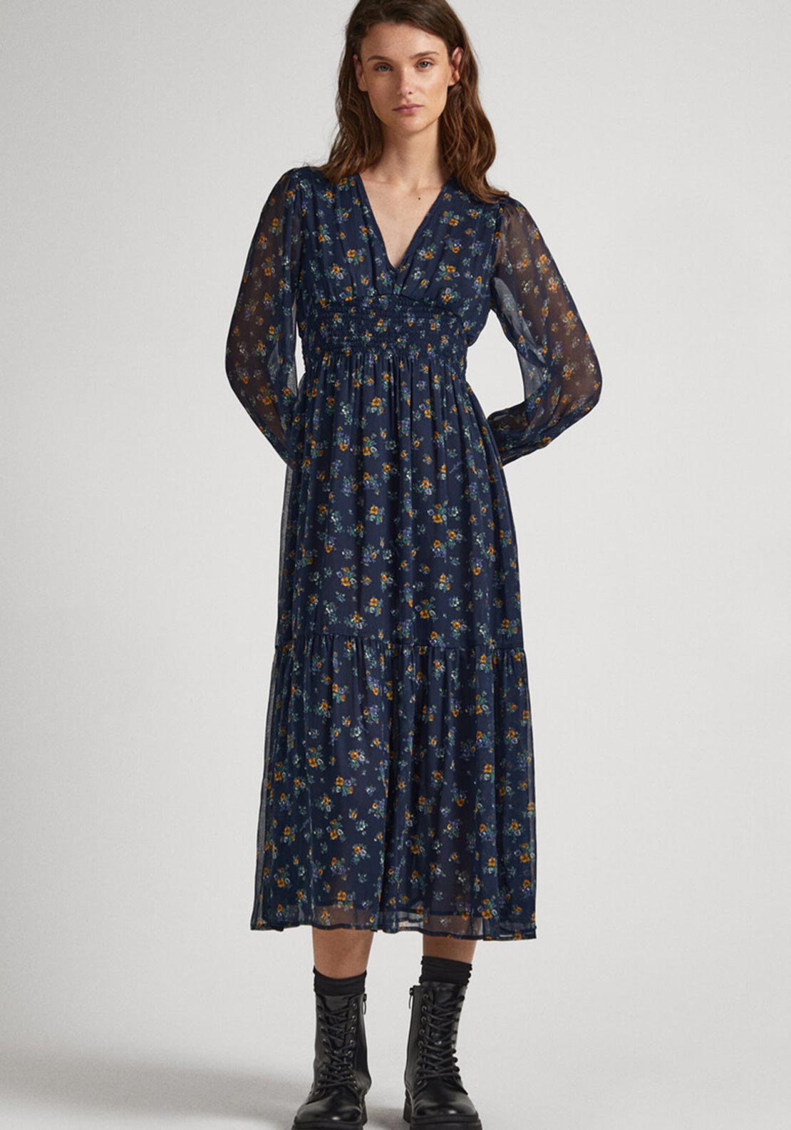 Pepe Jeans Iris Floral Chiffon Midi Dress, Multi - McElhinneys