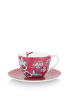 Pip Studio Flower Festival Cappuccino Cup & Saucer, Dark Pink