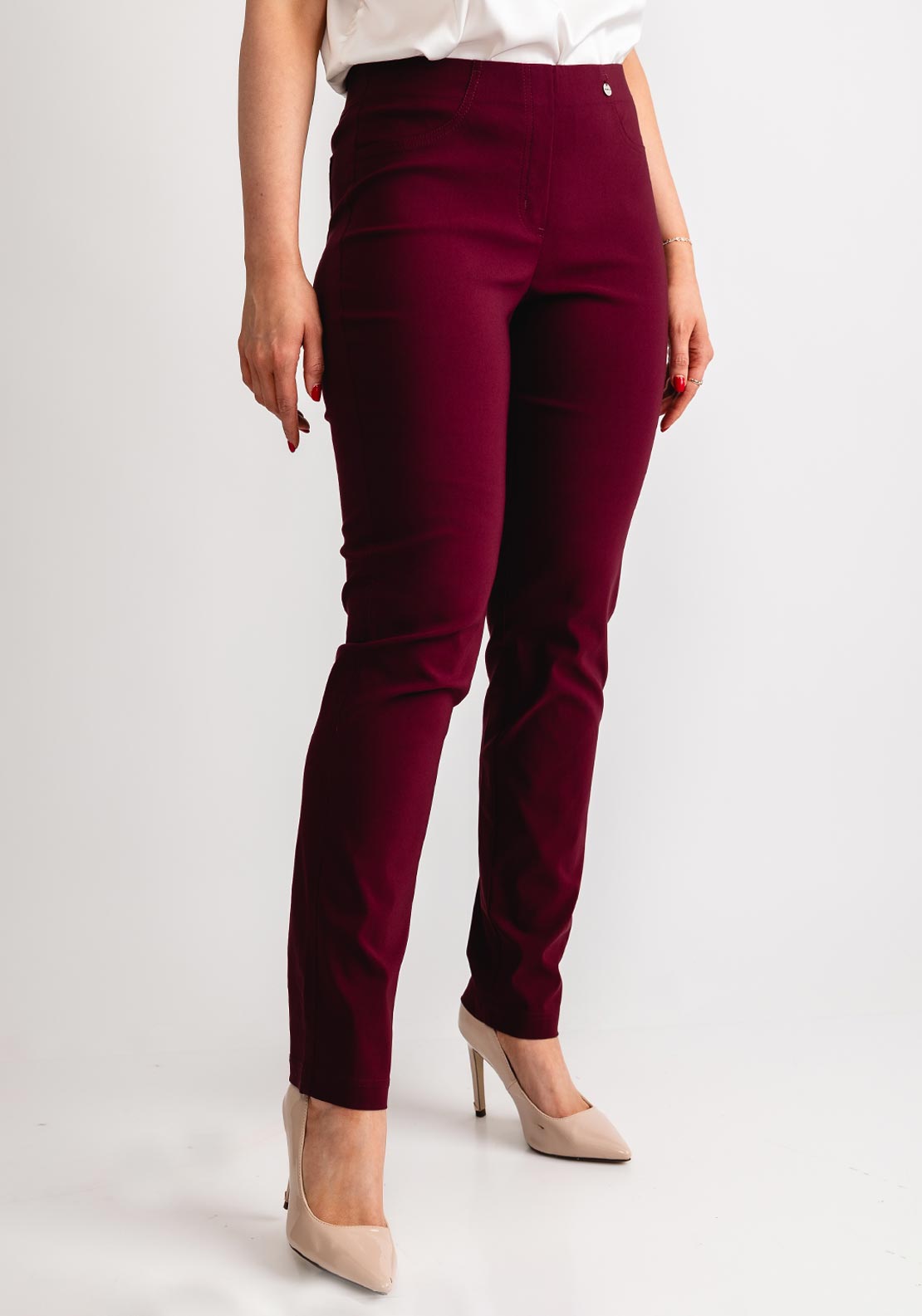 Robell Bella Full Length Stretch Trousers, Wine - McElhinneys