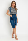 Serafina Collection Knee Length Skirt with Braces, Dark Wash Denim